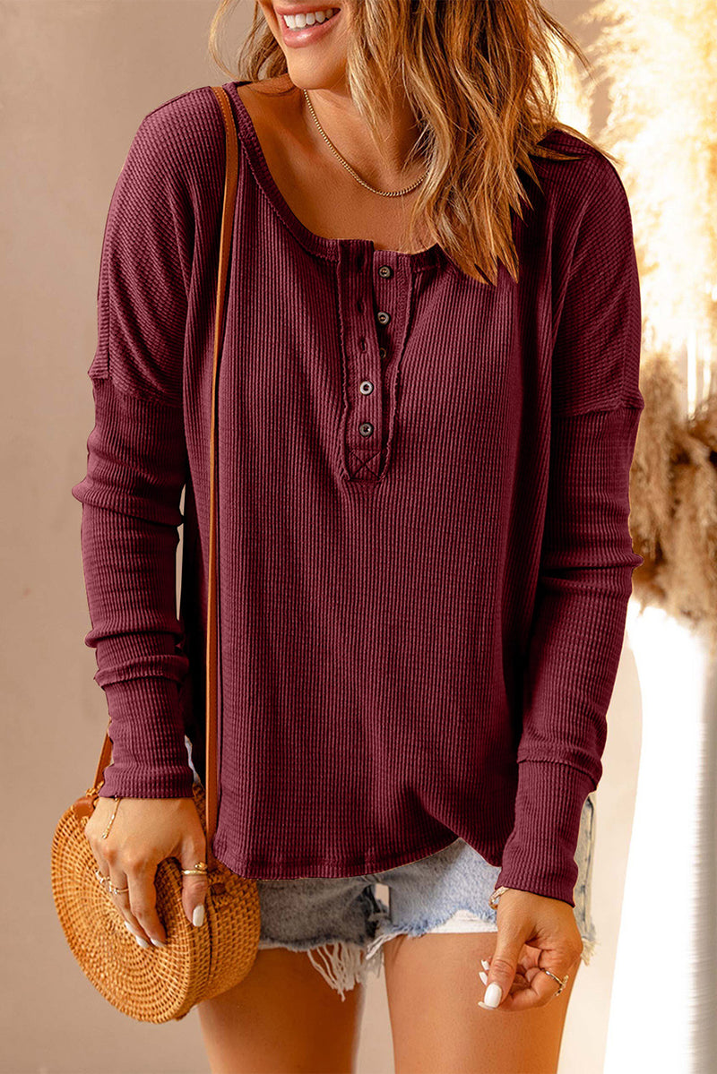 Henley Waffle Knit Long Sleeve Top