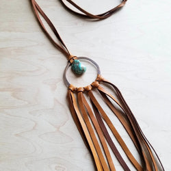 Tan Leather Dream Catcher Necklace with Turquoise