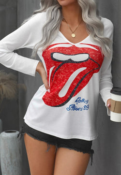 Lips Graphic V-neck T-Shirt - Midwood Mix