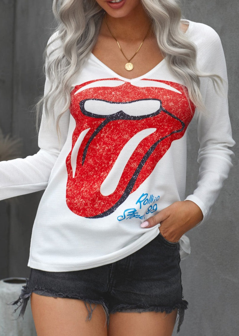 Lips Graphic V-neck T-Shirt - Midwood Mix